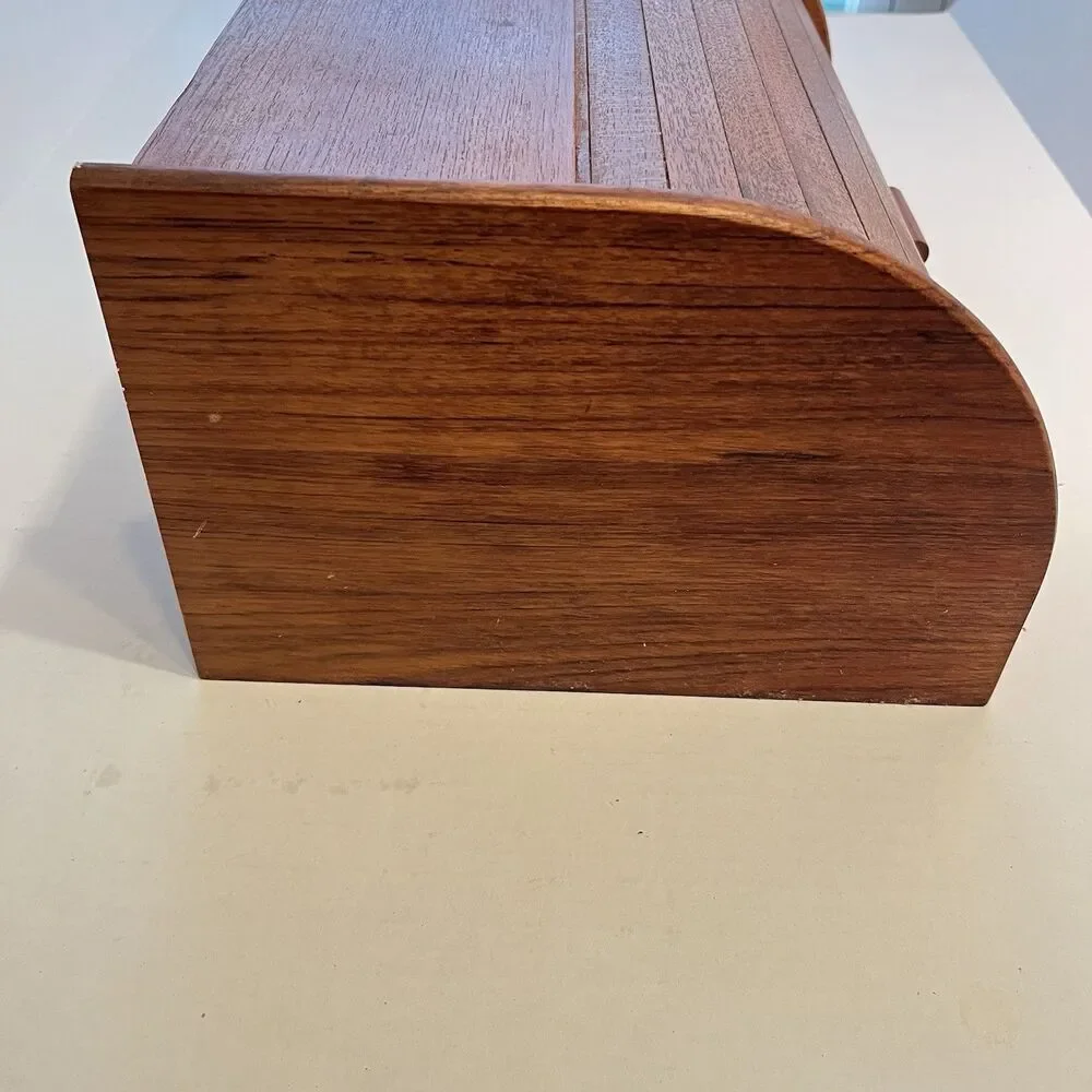 Vintage MCM Teak Tambour Wooden Roll Top Bread Box Baker Heart Stuart